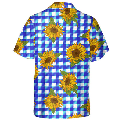 Vibrant Bright Sunflowers On Dark Blue Checkered Background Hawaiian Shirt, Hawaiian Shirt Gift, Christmas Gift