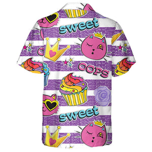 Abstract Sweet Cats And Cakes On Stripes Background Hawaiian Shirt, Hawaiian Shirt Gift, Christmas Gift