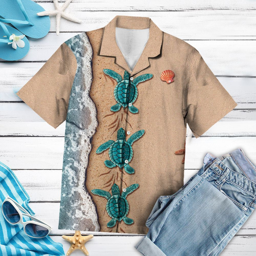 Funny Turtle Group On Beach Pattern Hawaiian Shirt,Hawaiian Shirt Gift, Christmas Gift