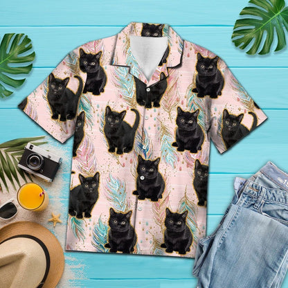 Cute Baby Black Cat Boho Feather Pattern Hawaiian Shirt, Hawaiian Shirt Gift, Christmas Gift