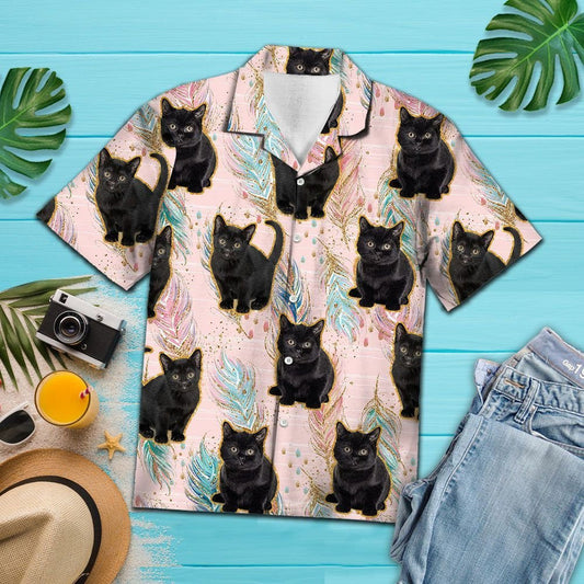 Cute Baby Black Cat Boho Feather Pattern Hawaiian Shirt, Hawaiian Shirt Gift, Christmas Gift