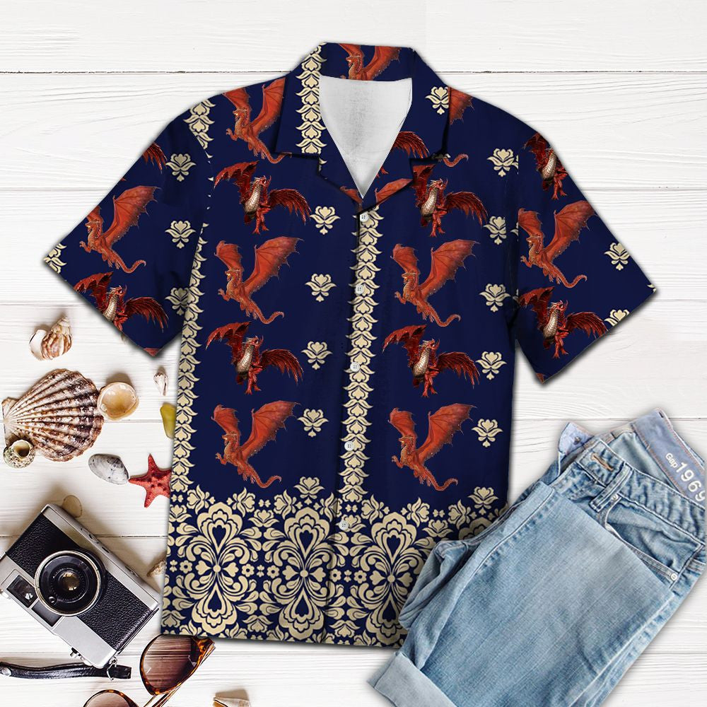 Brown Dragon With Symbolic Art In Blue Design Hawaiian Shirt, Hawaiian Shirt Gift, Christmas Gift