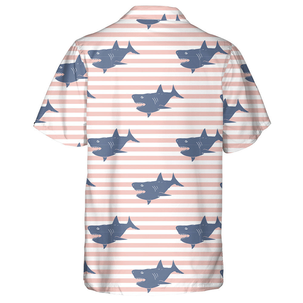Sketched Doodle Shark On Coral White Striped Background Hawaiian Shirt, Hawaiian Shirt Gift, Christmas Gift