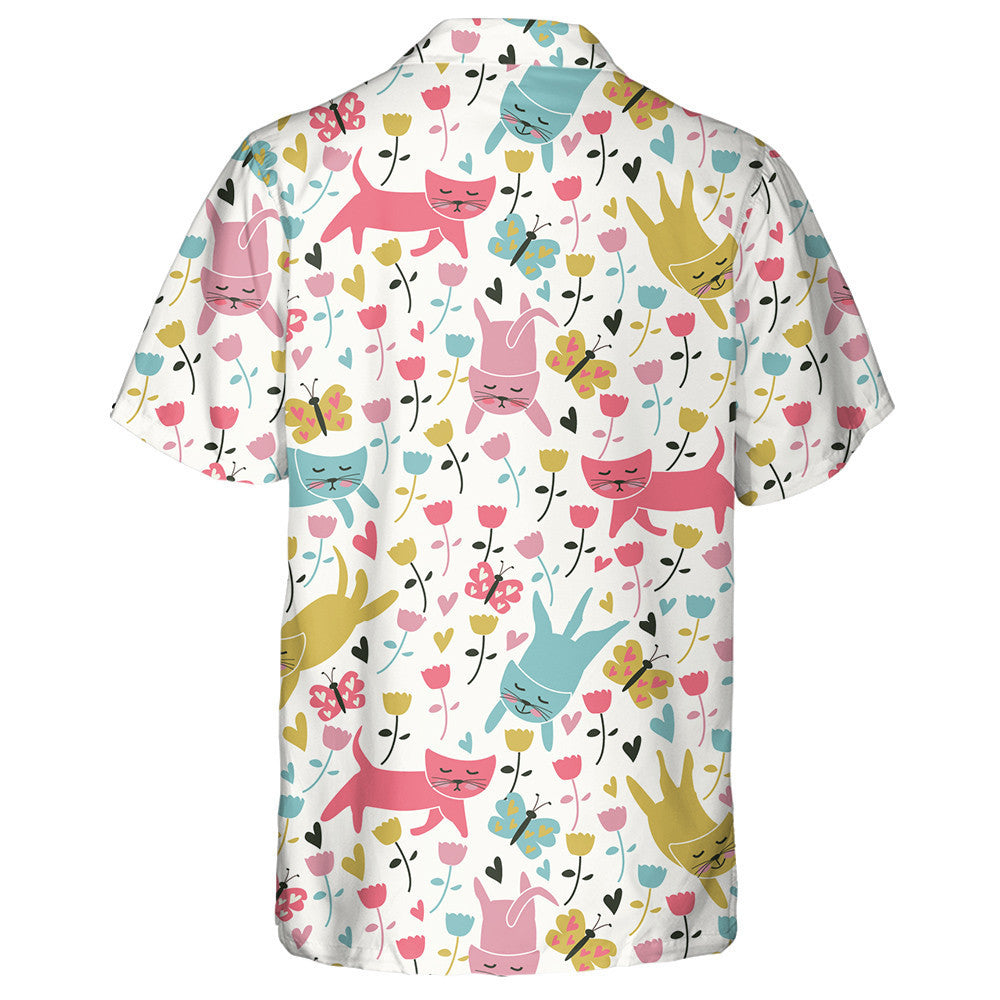 Funny Cats Flowers And Butterflies In Cartoon Style Hawaiian Shirt, Hawaiian Shirt Gift, Christmas Gift