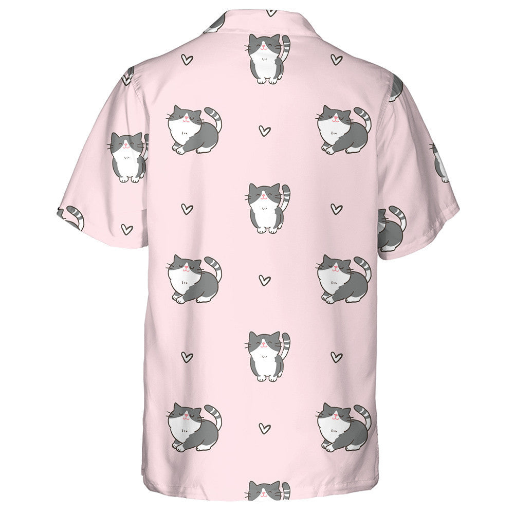 Cartoon Cat And Heart Design On Pink Background Hawaiian Shirt, Hawaiian Shirt Gift, Christmas Gift