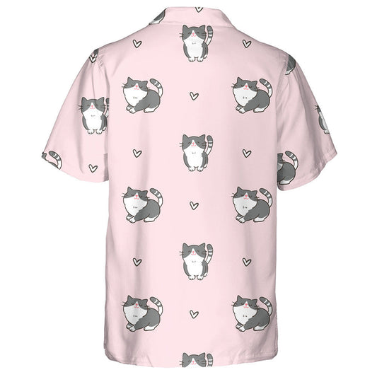 Cartoon Cat And Heart Design On Pink Background Hawaiian Shirt, Hawaiian Shirt Gift, Christmas Gift