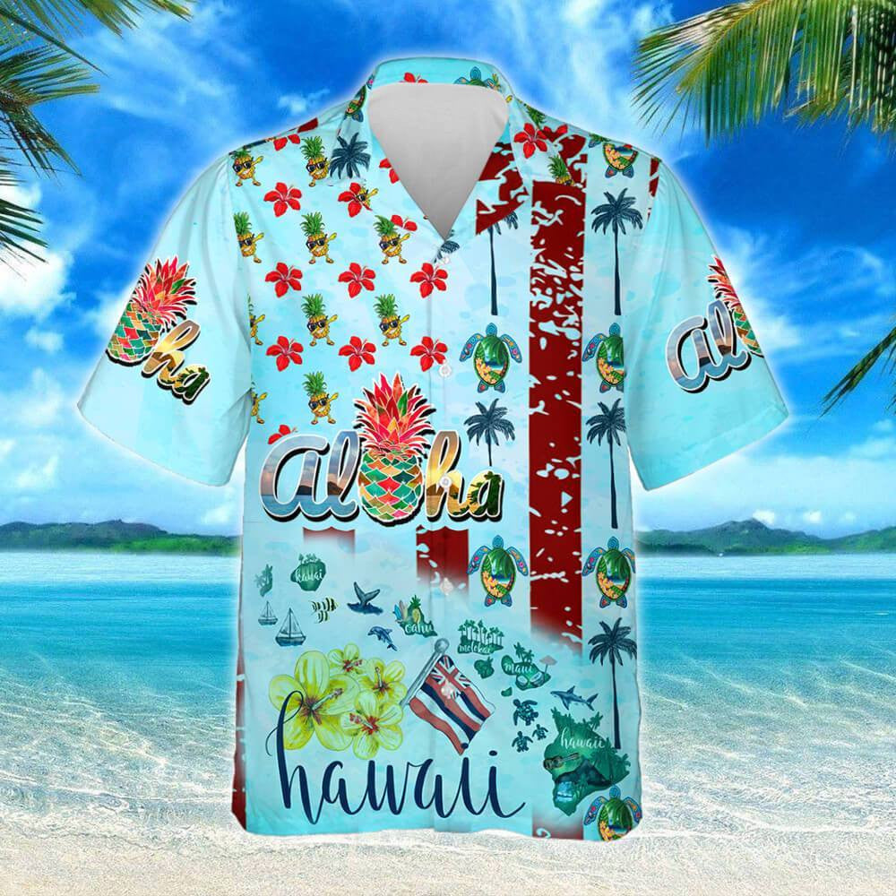 Aloha Summer Vibes Tropical Plants On Blue Background Hawaiian Shirt, Hawaiian Shirt Gift, Christmas Gift