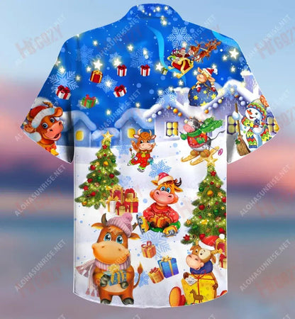 Happy Bulls Merry Christmas Short Short Sleeve Shirt Summer Hawaiian T Shirts Tactical Hawaiian Shirt Hawaiian Shirts For Men, Hawaiian Shirt Gift, Christmas Gift