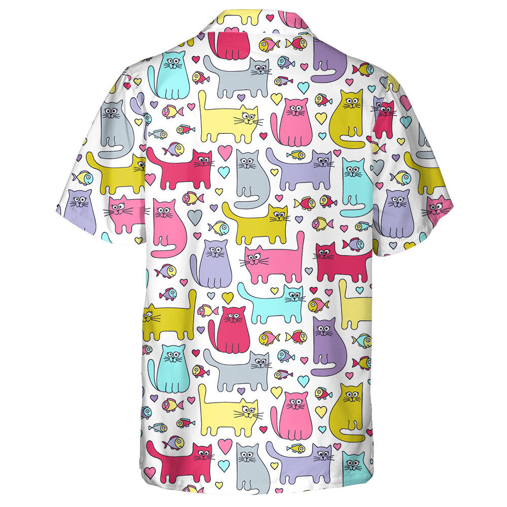 Bright Colors Cats And Fish On White Background Hawaiian Shirt, Hawaiian Shirt Gift, Christmas Gift