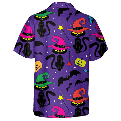 Black And Colorful Wizard Cats On Violet Background Hawaiian Shirt, Hawaiian Shirt Gift, Christmas Gift