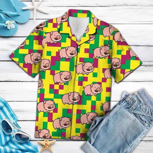 Lovely Pig With Hot Pink And Green Geometric Hawaiian Shirt, Hawaiian Shirt Gift, Christmas Gift