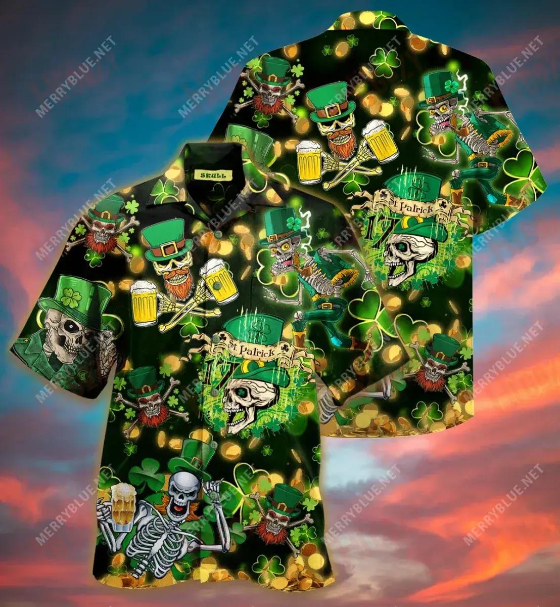 St. Patrick'S Day Skull Short Hawaiian Shirt Vacation Tropical Shirts Hawaiian Crazy Shirts Funny Hawaiian Shirts, Hawaiian Shirt Gift, Christmas Gift