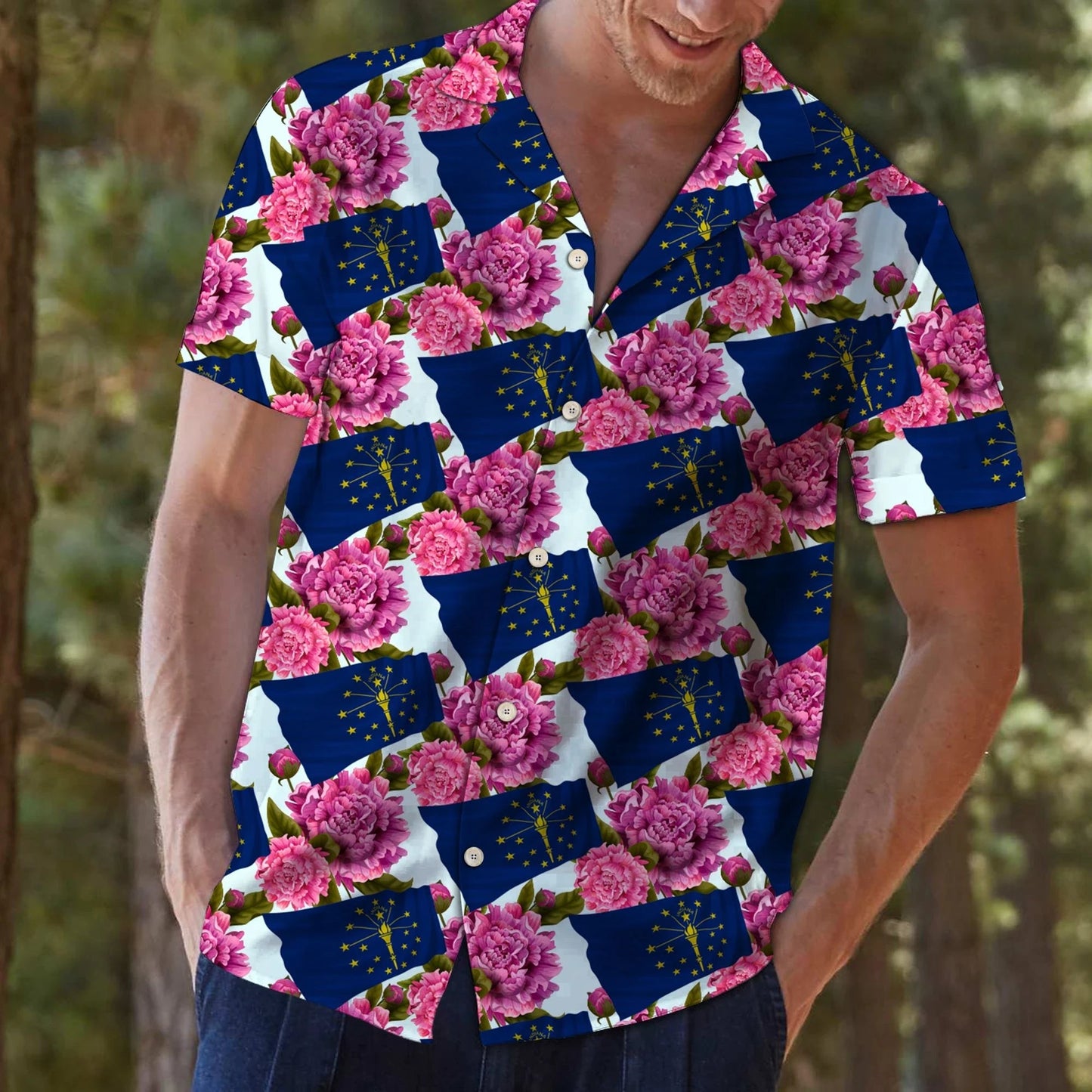 Vivid Pink Indiana Peony Navy Flag Pattern Hawaiian Shirt, Hawaiian Shirt Gift, Christmas Gift