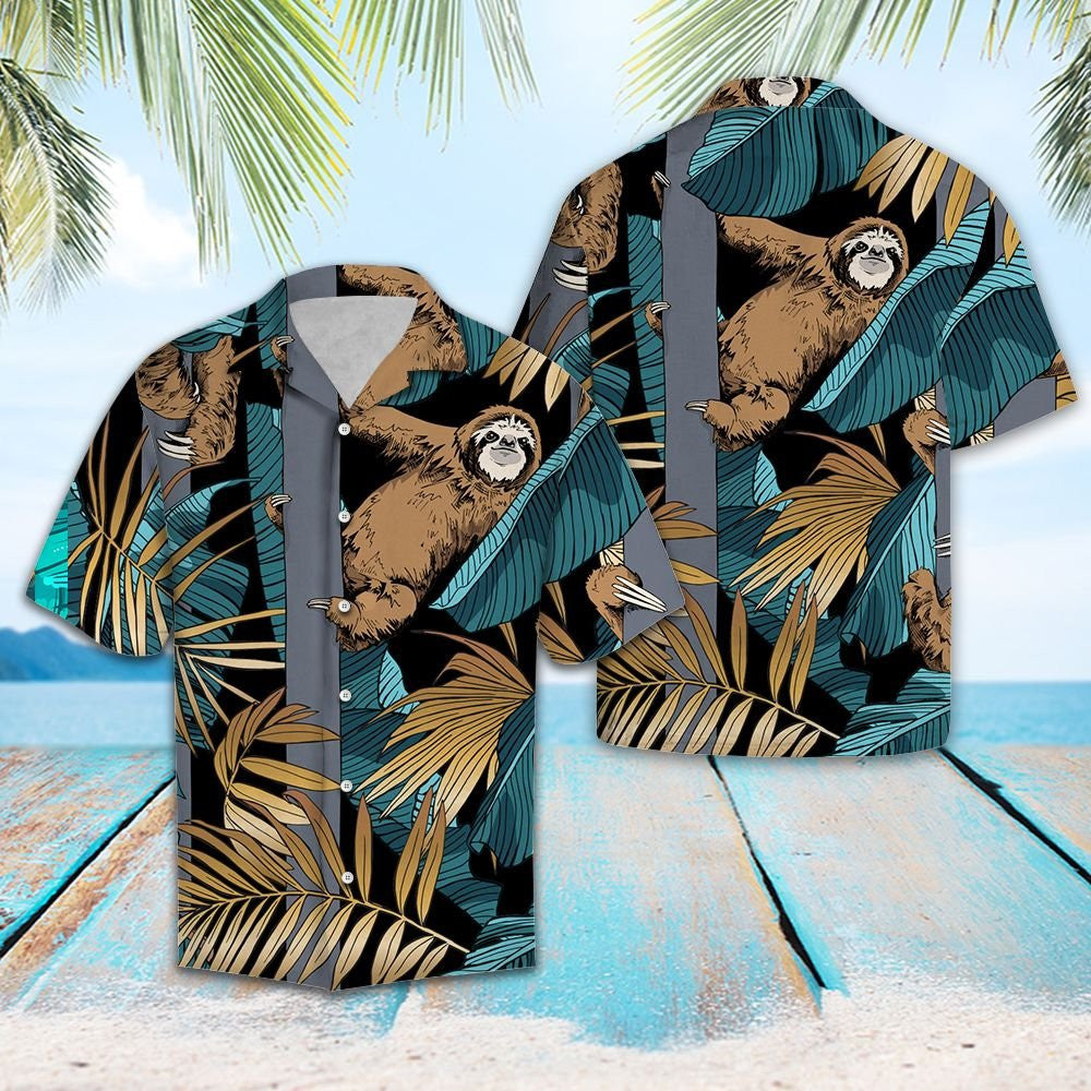 Tropical Sloth Climbing Tall Tree Pattern Hawaiian Shirt, Hawaiian Shirt Gift, Christmas Gift