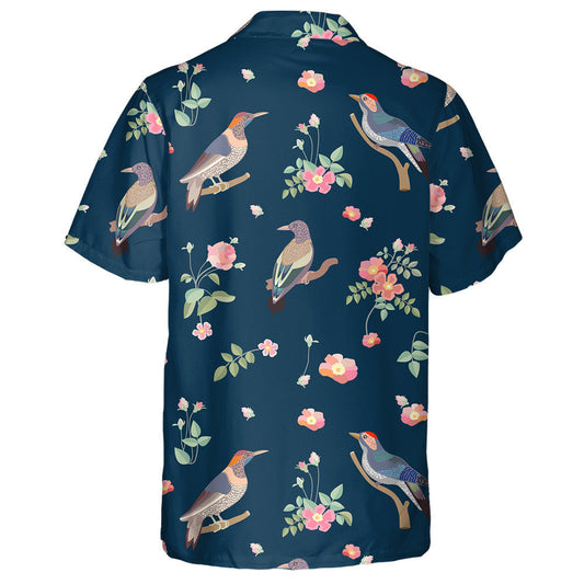 Birds And Blooming Roses On Dark Blue Background Hawaiian Shirt, Hawaiian Shirt Gift, Christmas Gift