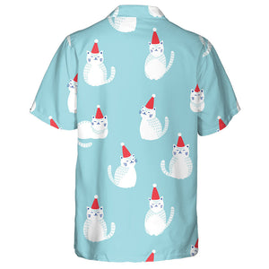 Ute White Cat In Red Christmas Hat On Blue Hawaiian Shirt, Hawaiian Shirt Gift, Christmas Gift