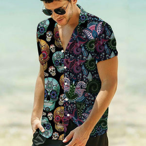 Sugar Skull On Black Skin Pattern Hawaiian Shirt,Hawaiian Shirt Gift, Christmas Gift