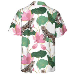 Wild African Leopards Pink Lotuses With Leaves Hawaiian Shirt, Hawaiian Shirt Gift, Christmas Gift