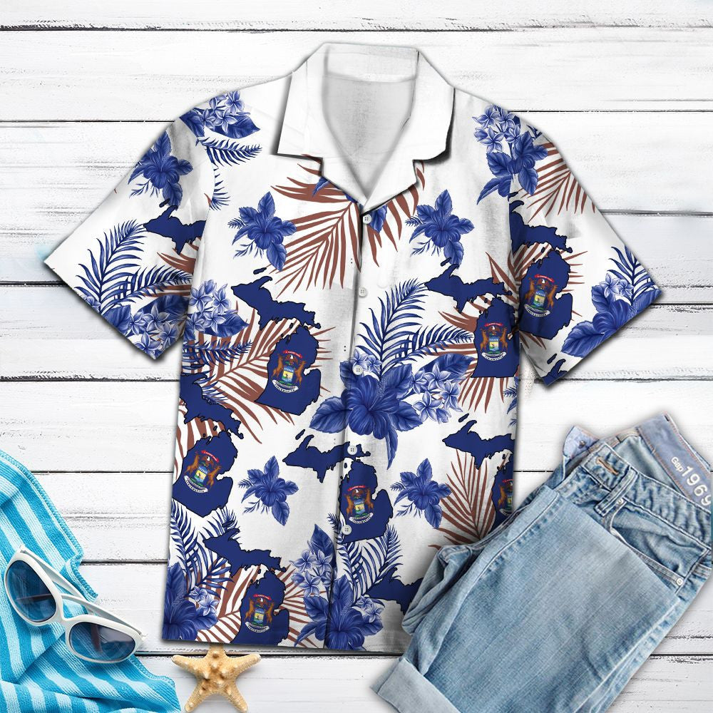 Michigan Map With Blue Tropical Hibiscus And Leaves Hawaiian Shirt, Hawaiian Shirt Gift, Christmas Gift