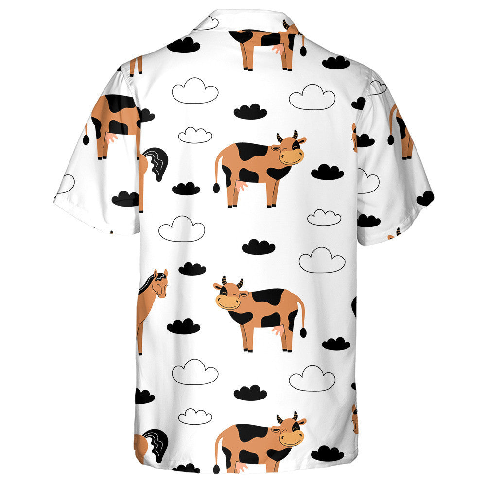Cow And Horse Farm Animals On A White Background Hawaiian Shirt, Hawaiian Shirt Gift, Christmas Gift