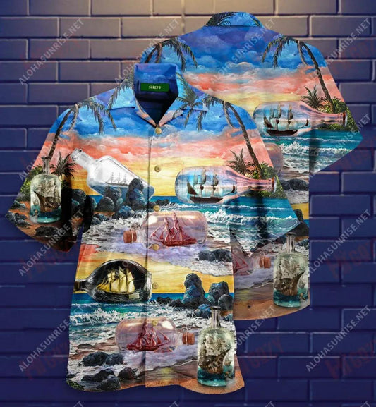 Happiness Is A Ship In A Bottle Short Hawaiian Shirt Vacation Aloha Shirt Hawaiian Crazy Shirts Funny Hawaiian Shirts, Hawaiian Shirt Gift, Christmas Gift