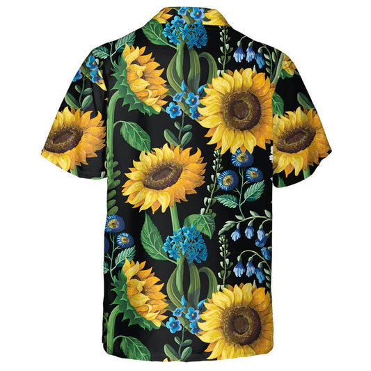 Blue Floral And Sunflowers Hippie Pattern On Black Background Hawaiian Shirt, Hawaiian Shirt Gift, Christmas Gift