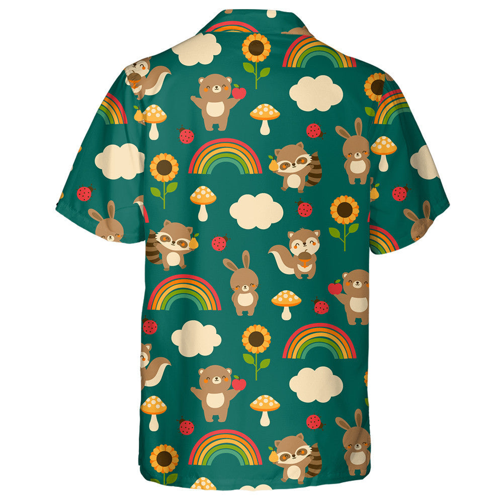 Cute Woodland Animals With Rainbow Sunflowers Mushroom And Clouds Hawaiian Shirt, Hawaiian Shirt Gift, Christmas Gift