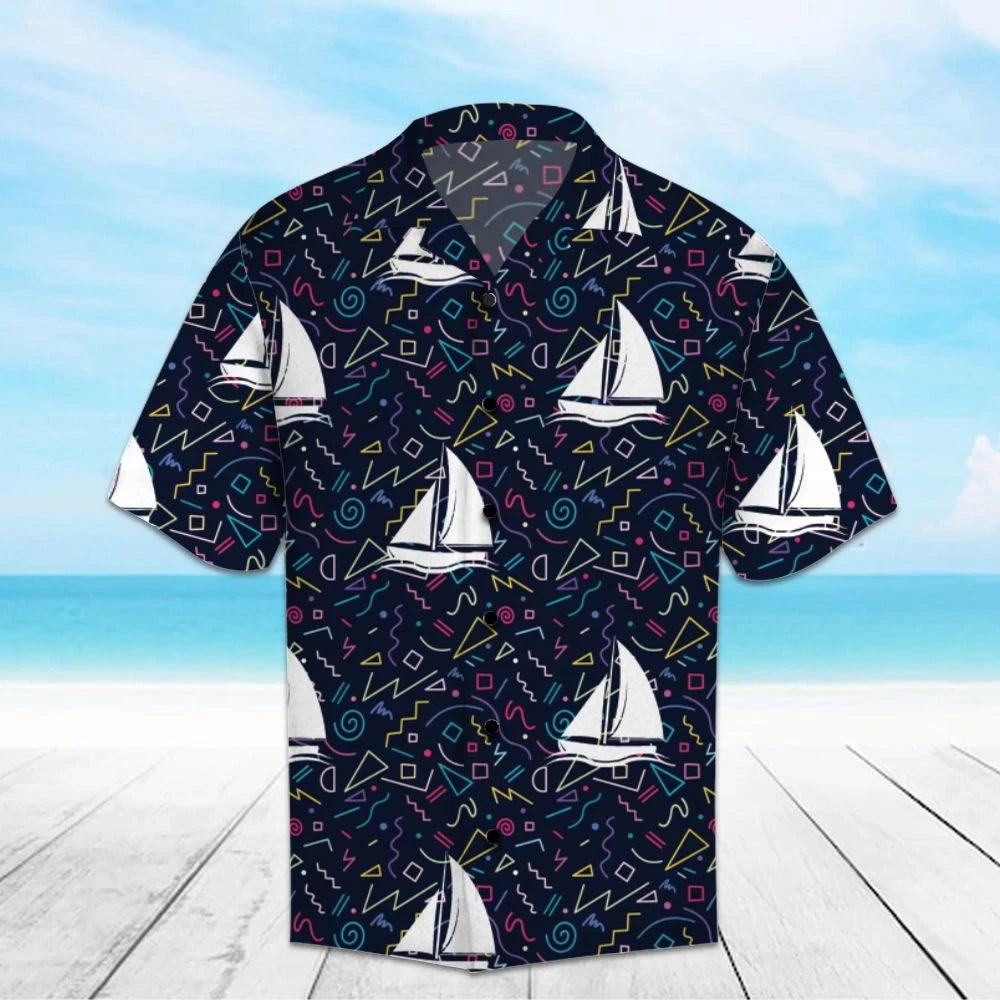 Amazing Boats On Colorful Geometry Line Pattern Hawaiian Shirt, Hawaiian Shirt Gift, Christmas Gift