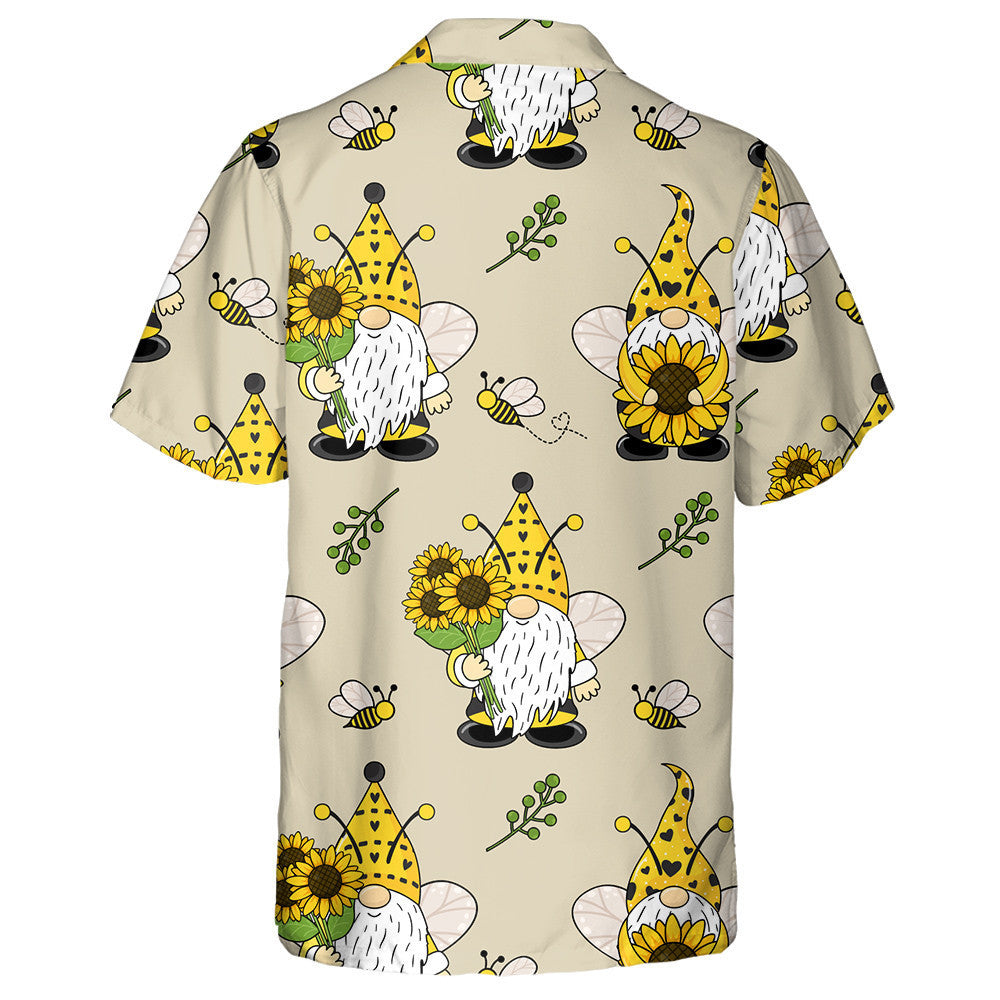 Cartoon Doodle Gnomes Bees And Sunflowers Hawaiian Shirt, Hawaiian For Gift