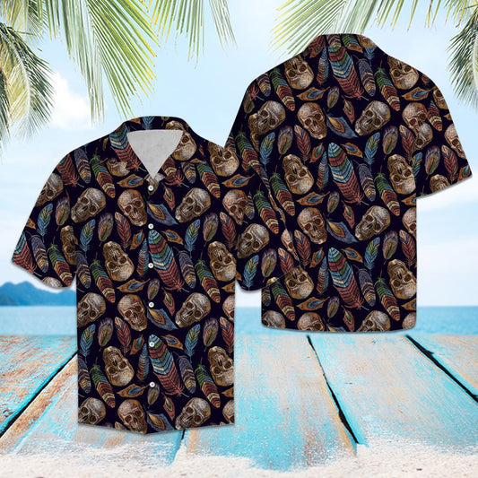 Tribal Feathers With Skull In Black Hawaiian Shirt,Hawaiian Shirt Gift, Christmas Gift