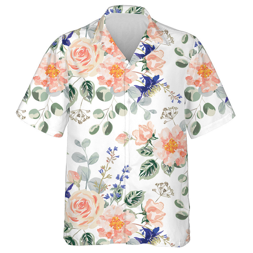 Pastel Rose Flowers Green Leaves Bouquets Watercolor Design Hawaiian Shirt, Hawaiian Shirt Gift, Christmas Gift
