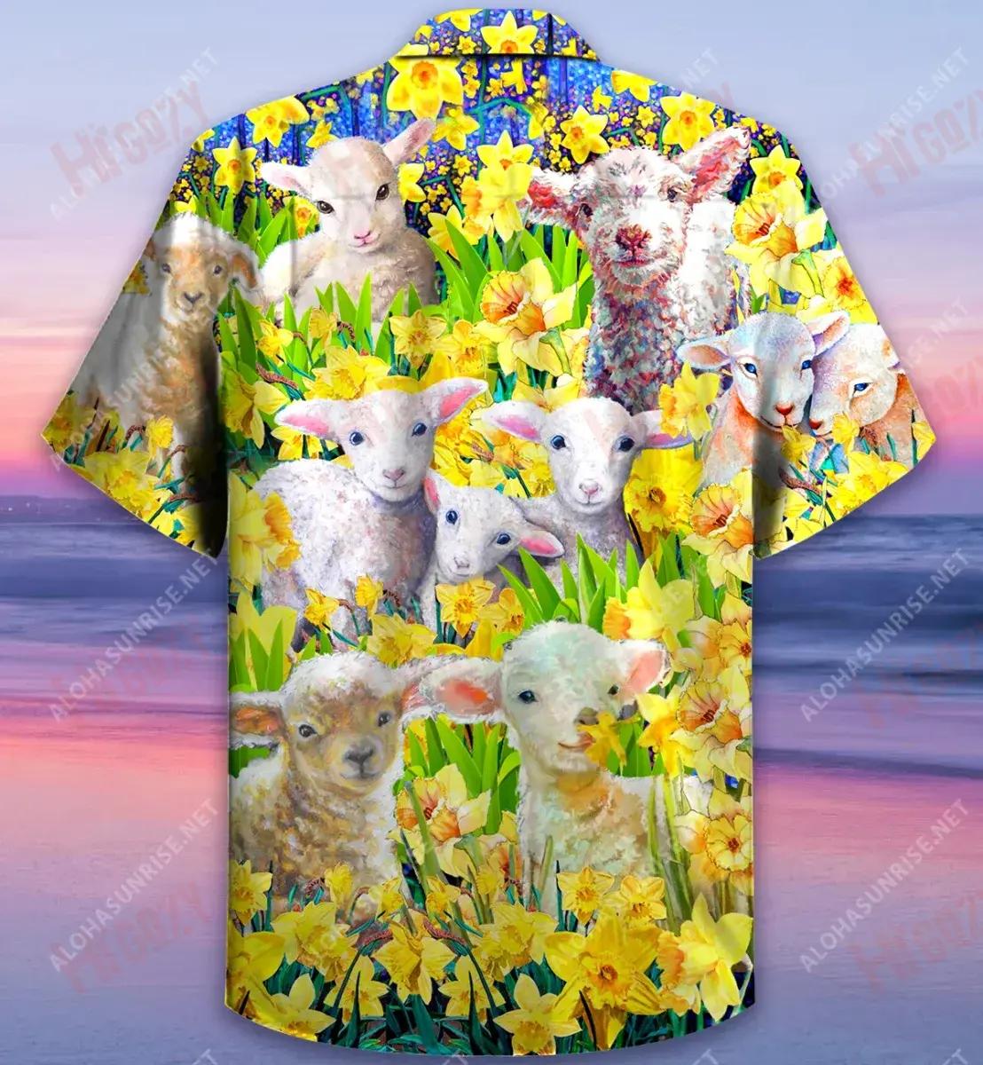 Sheep In The Daffodil Garden Unisex Short Sleeve Shirt Ocean Hawaiian T Shirts Custom Hawaiian Shirts Hawaiian Shirt Pattern, Hawaiian Shirt Gift, Christmas Gift