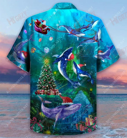 Chirstmas Whales Under The Sea Short Hawaiian Shirt Vacation Aloha Shirt Custom Hawaiian Shirts Hawaiian Shirts For Men, Hawaiian Shirt Gift, Christmas Gift