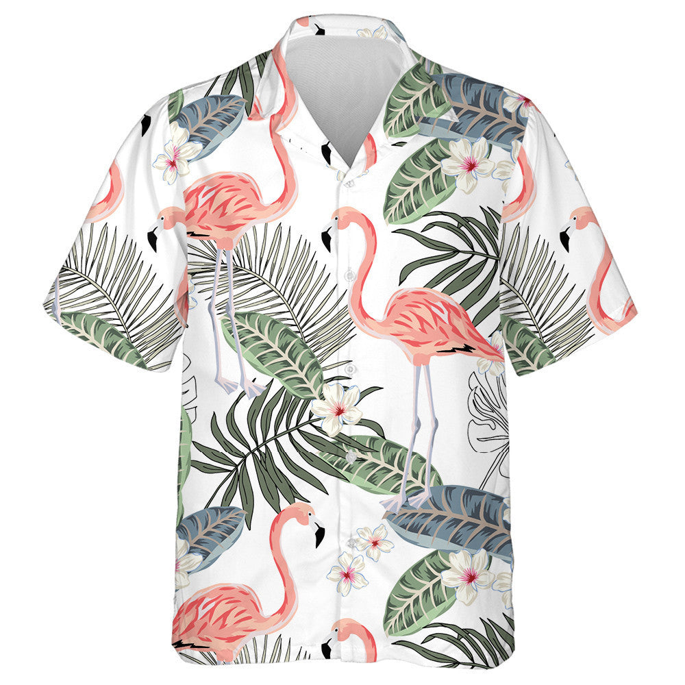 Tropical Pink Flamingo Plumeria flowers And Palm Leaves Hawaiian Shirt, Hawaiian Shirt Gift, Christmas Gift