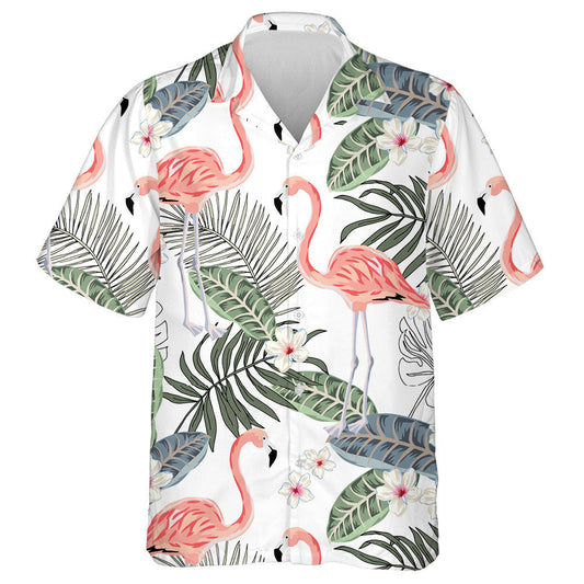 Tropical Pink Flamingo Plumeria flowers And Palm Leaves Hawaiian Shirt, Hawaiian Shirt Gift, Christmas Gift