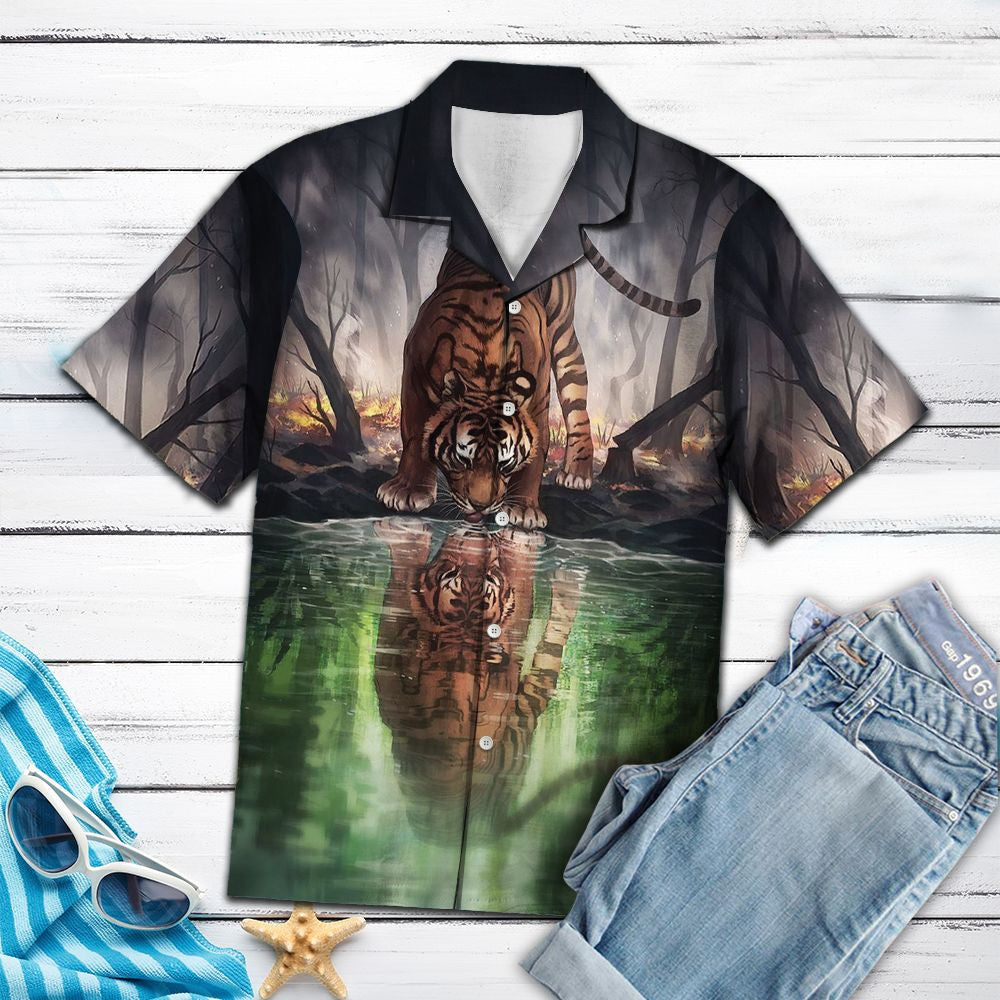 Fantasy Tiger Drink Water And Reflection On Water Hawaiian Shirt, Hawaiian Shirt Gift, Christmas Gift