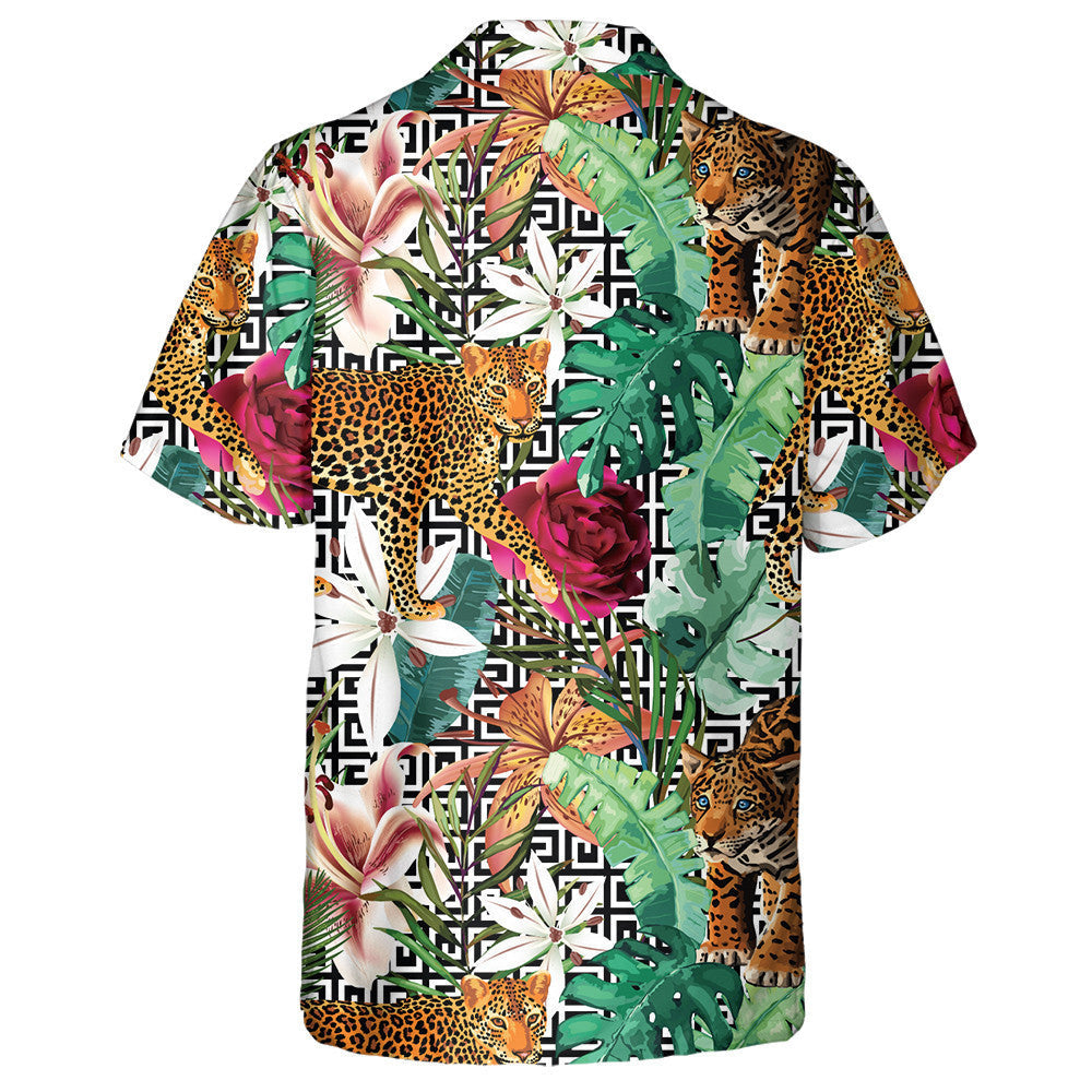 Wild African Leopard In Tropical Forest Geometric Background Hawaiian Shirt, Hawaiian Shirt Gift, Christmas Gift