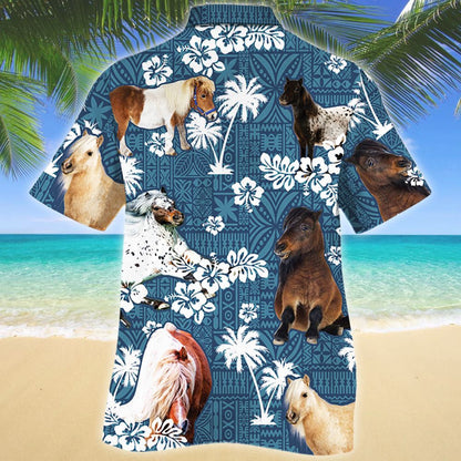 Vintage Themed Of Miniature Horse Blue Tribal Pattern Hawaiian Shirt, Hawaiian Shirt Gift, Christmas Gift
