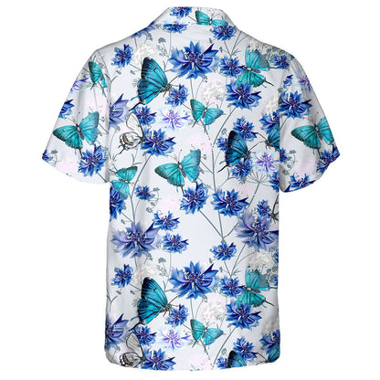 Hand Drawn Blue Cornflowers And Butterflies Hawaiian Shirt, Hawaiian For Gift