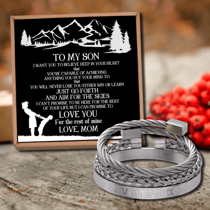 Mom To Son - Love You Roman Numeral Bangle Weave Bracelets Set