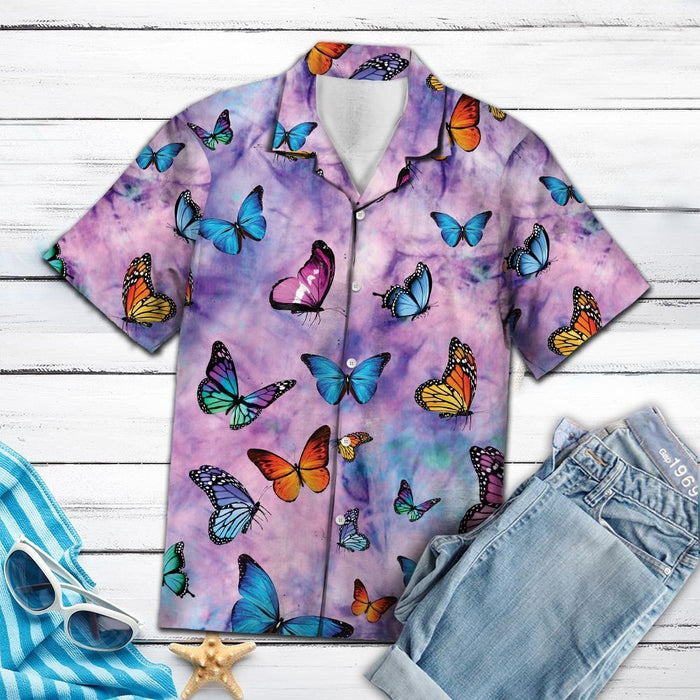 Aesthetic Colorful Butterfly Style Purple Flower Themed Hawaiian Shirt, Hawaiian Shirt Gift, Christmas Gift