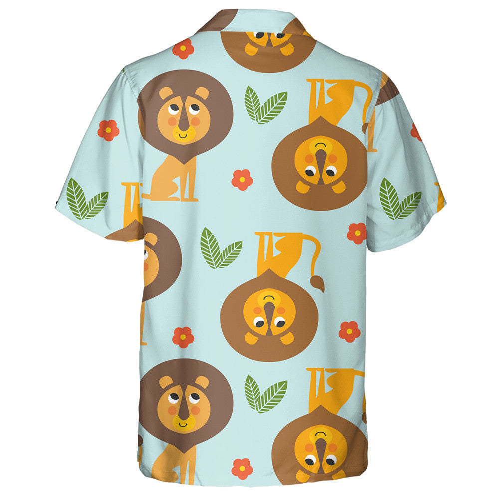 Funny Lions Leaves And Flowers On Blue Background Hawaiian Shirt, Hawaiian Shirt Gift, Christmas Gift