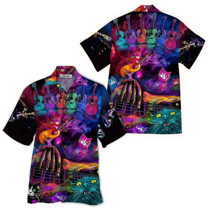Colorful Guitar Cat Tropical Background Design Hawaiian Shirt,Hawaiian Shirt Gift, Christmas Gift