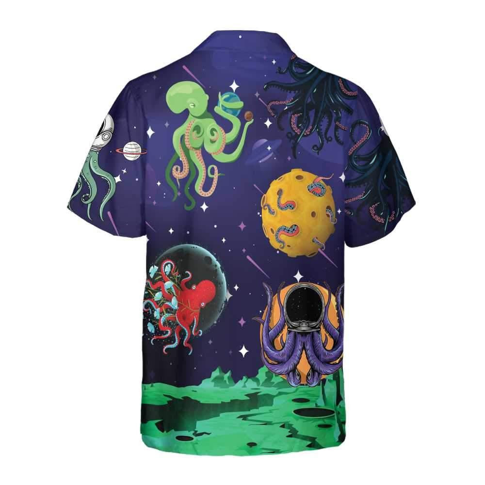 Lovely Octopus Astronaut In Space With Planets Cartoon Pattern Hawaiian Shirt, Hawaiian Shirt Gift, Christmas Gift