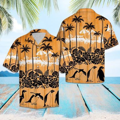 Happy Penguin Palm Tree Summer Vacation Pattern Hawaiian Shirt, Hawaiian Shirt Gift, Christmas Gift