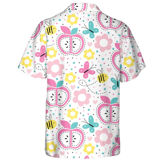 Hand Drawn Pink Apple With Hearts And Butterflies Hawaiian Shirt, Hawaiian Shirt Gift, Christmas Gift