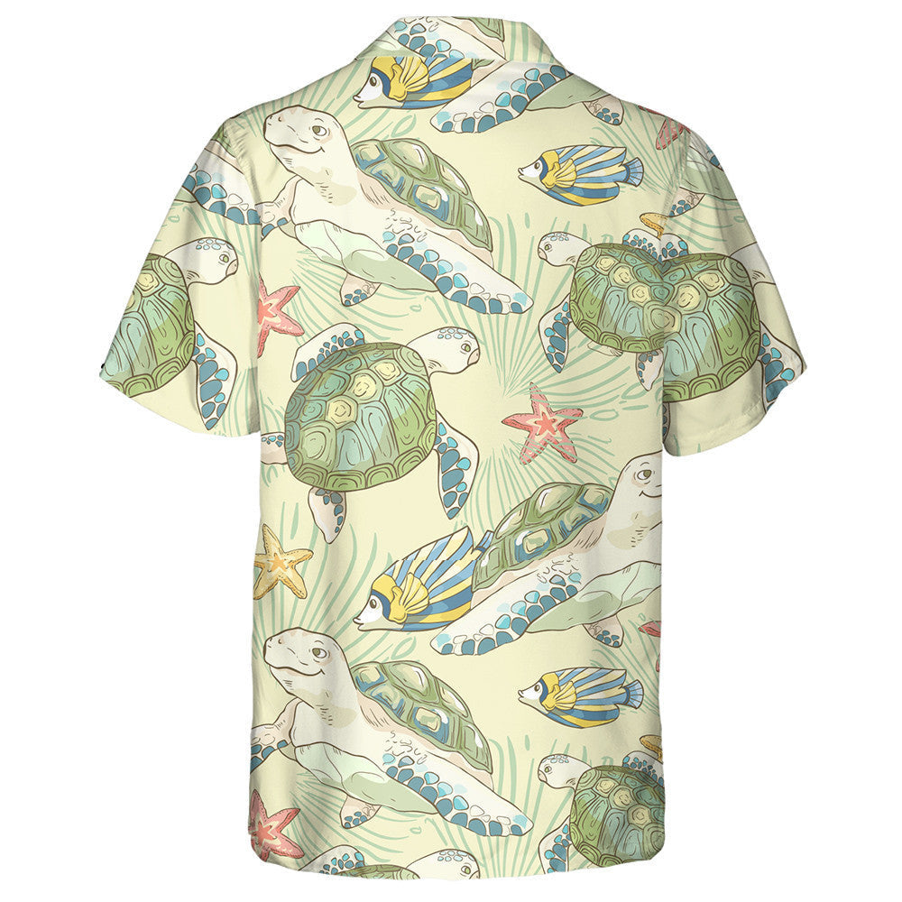 Hand Drawn Sea Fish And Turtles Vintage Style Hawaiian Shirt, Hawaiian Shirt Gift, Christmas Gift