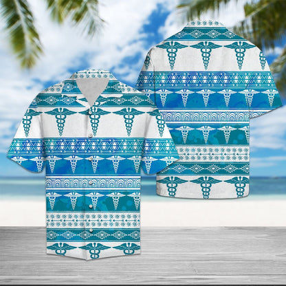 White And Blue Nurse Sign Feather Pattern Hawaiian Shirt, Hawaiian Shirt Gift, Christmas Gift