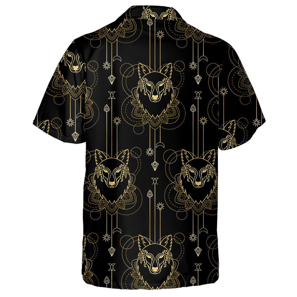 Gold Wolf And Geometric Elements On Black Background Hawaiian Shirt, Hawaiian Shirt Gift, Christmas Gift