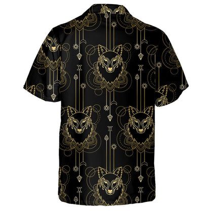 Gold Wolf And Geometric Elements On Black Background Hawaiian Shirt, Hawaiian Shirt Gift, Christmas Gift